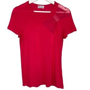 Red Valentino Hot Pink Sheer Swiss Dot Bow Accent Short Sleeve T Shirt Size M